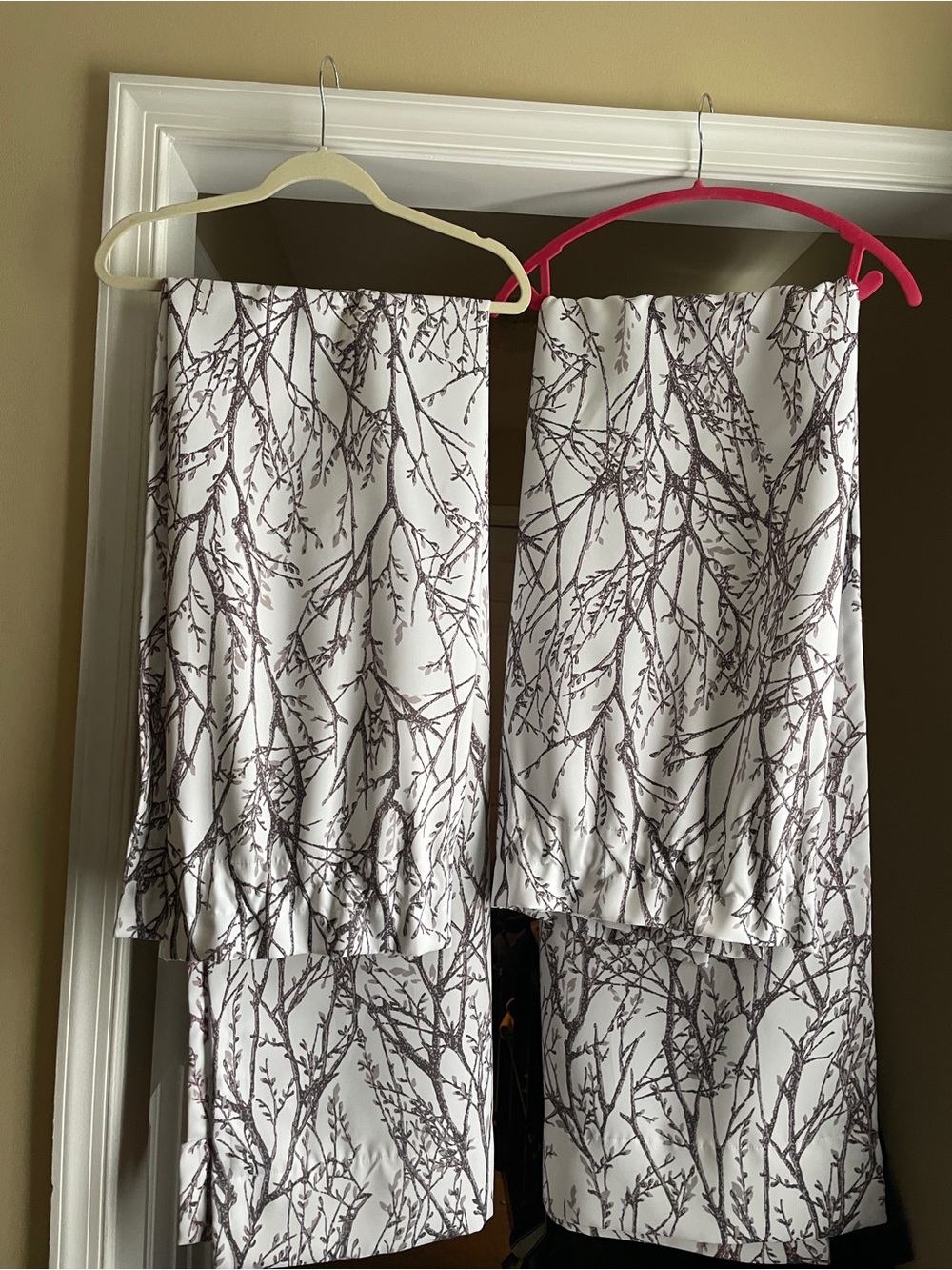Elegant Branch-Print White and Brown Curtains with matching fabric tiebacks